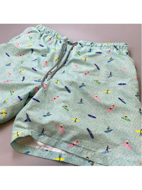 Boardies Swim Trunks XL Teal Micro Surfer Print California Retro Beach Preppy